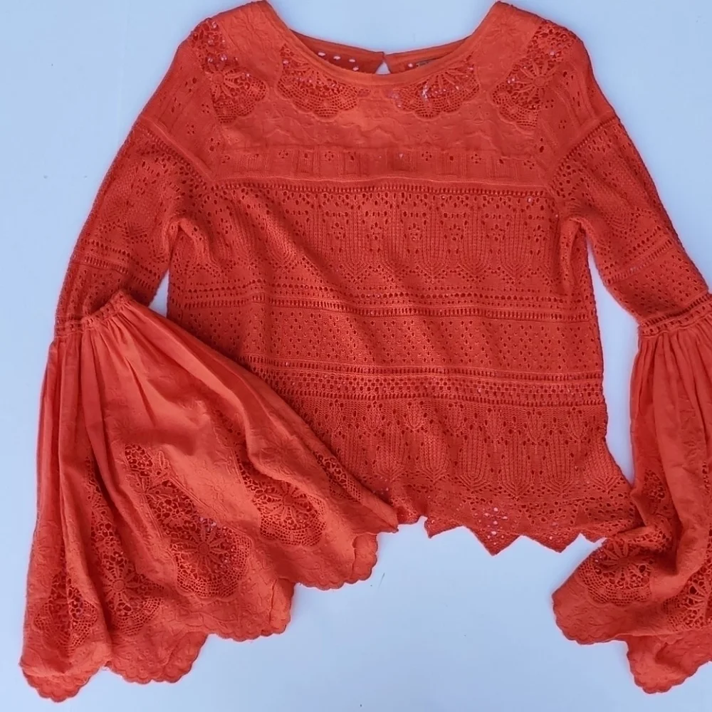 Free People Orange cotton lace Big Bell Sleeve Sml